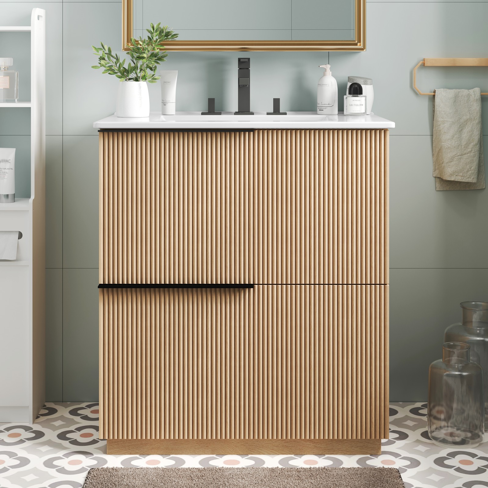 30″ Bathroom Vanity with Ceramic Sink, Soft Close Drawers, Fluted Design