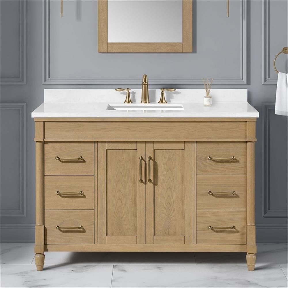 Pemberly Row 48″ Natural Birch Bathroom Vanity with White Countertop