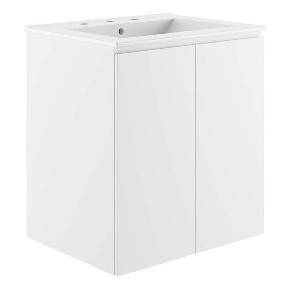 Pemberly Row 24″ Modern Wood/Ceramic Wall-Mount Bathroom Vanity in White