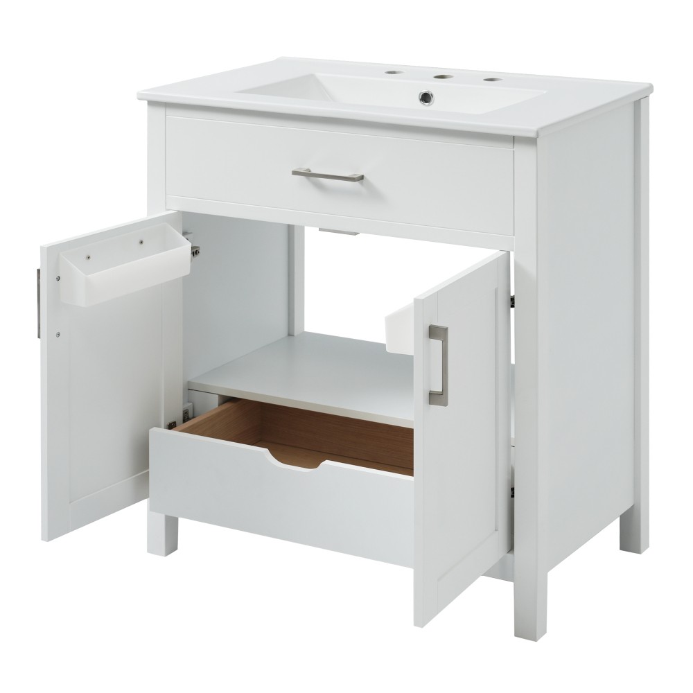 30″ Bathroom Vanity Ceramic Sink Soft Close 2 Door Drawer Silver Storage Cabinet