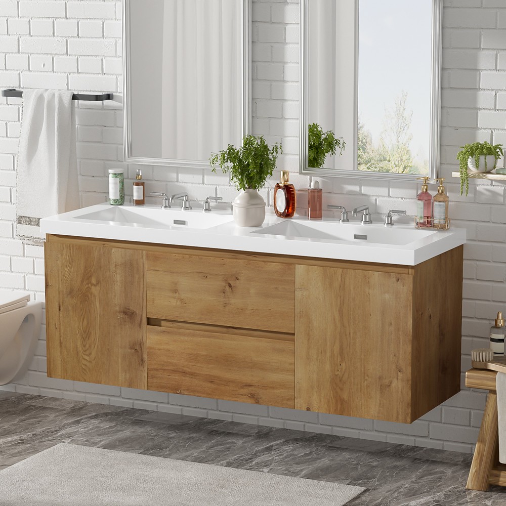 59″ Wall Mounted Bathroom Vanity w/Double Sink, Floating Vanity Cabinet,2 Drawer