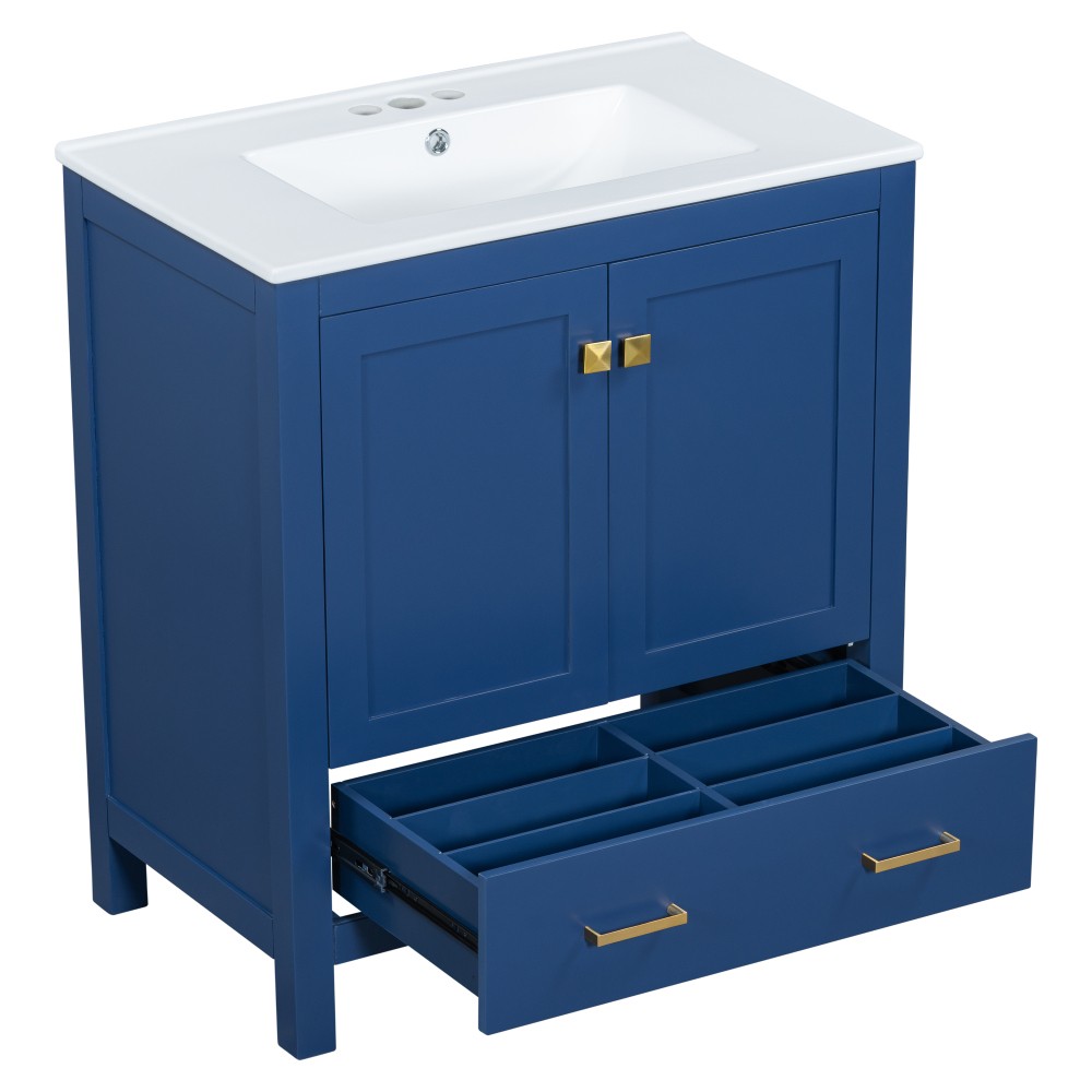 30″ Transitional Bathroom Vanity,Ceramic Sink,2 Door Cabinet & Drawer,Solid Wood