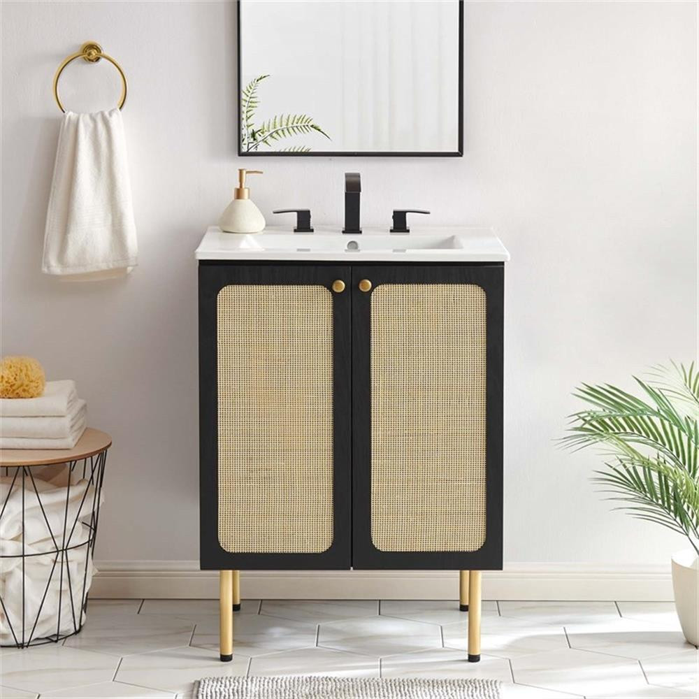 Modway Chaucer 24″ Wood & Rattan Bathroom Vanity Cabinet in Black