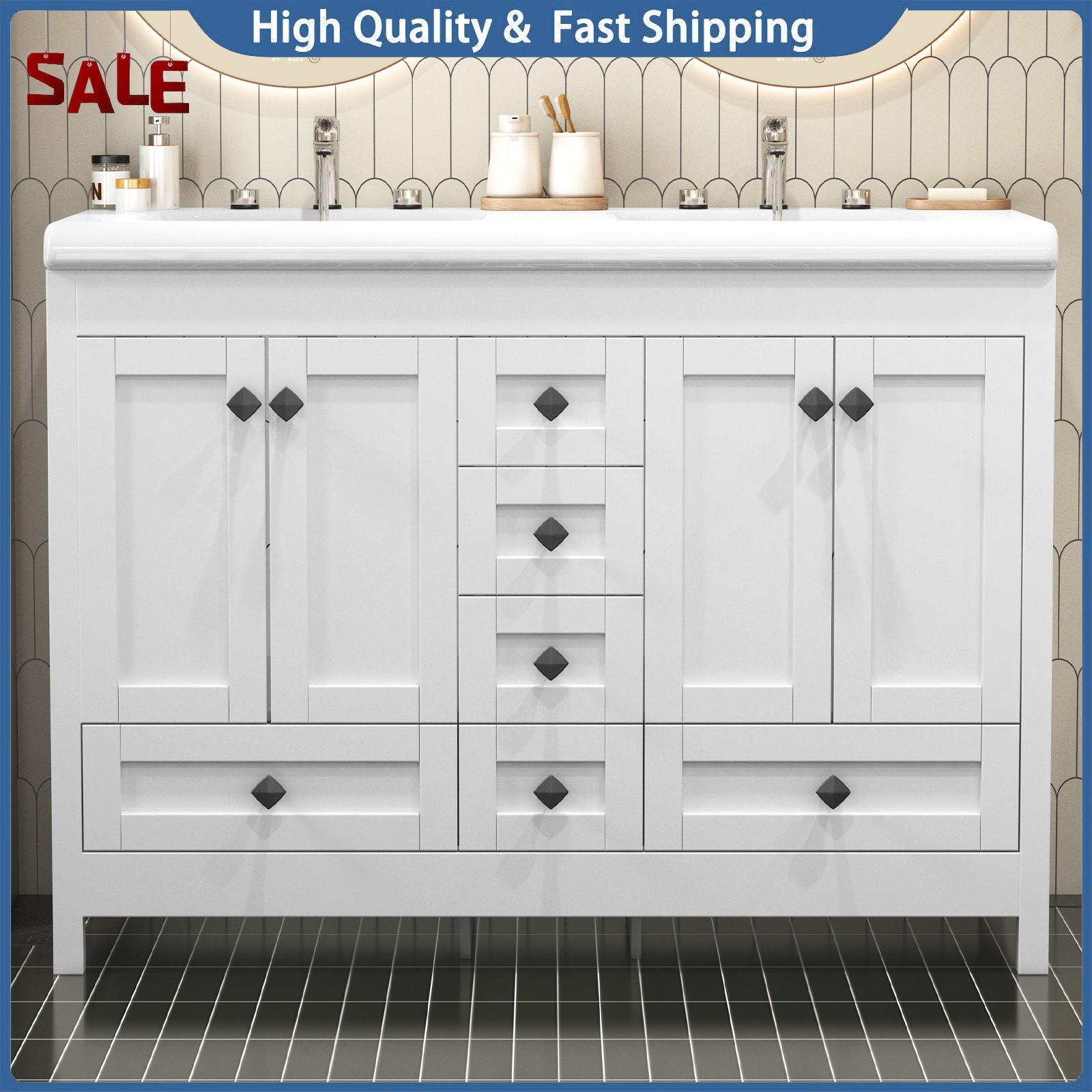 Modern 47-inch Double-Sink Freestanding Vanity with 6 Drawers and Cabinet White