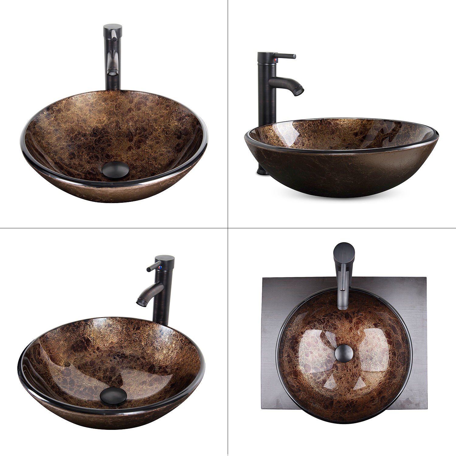 24″ Bathroom Vanity Vessel Sink Set With Clear Glass Round Basin Faucet Drain