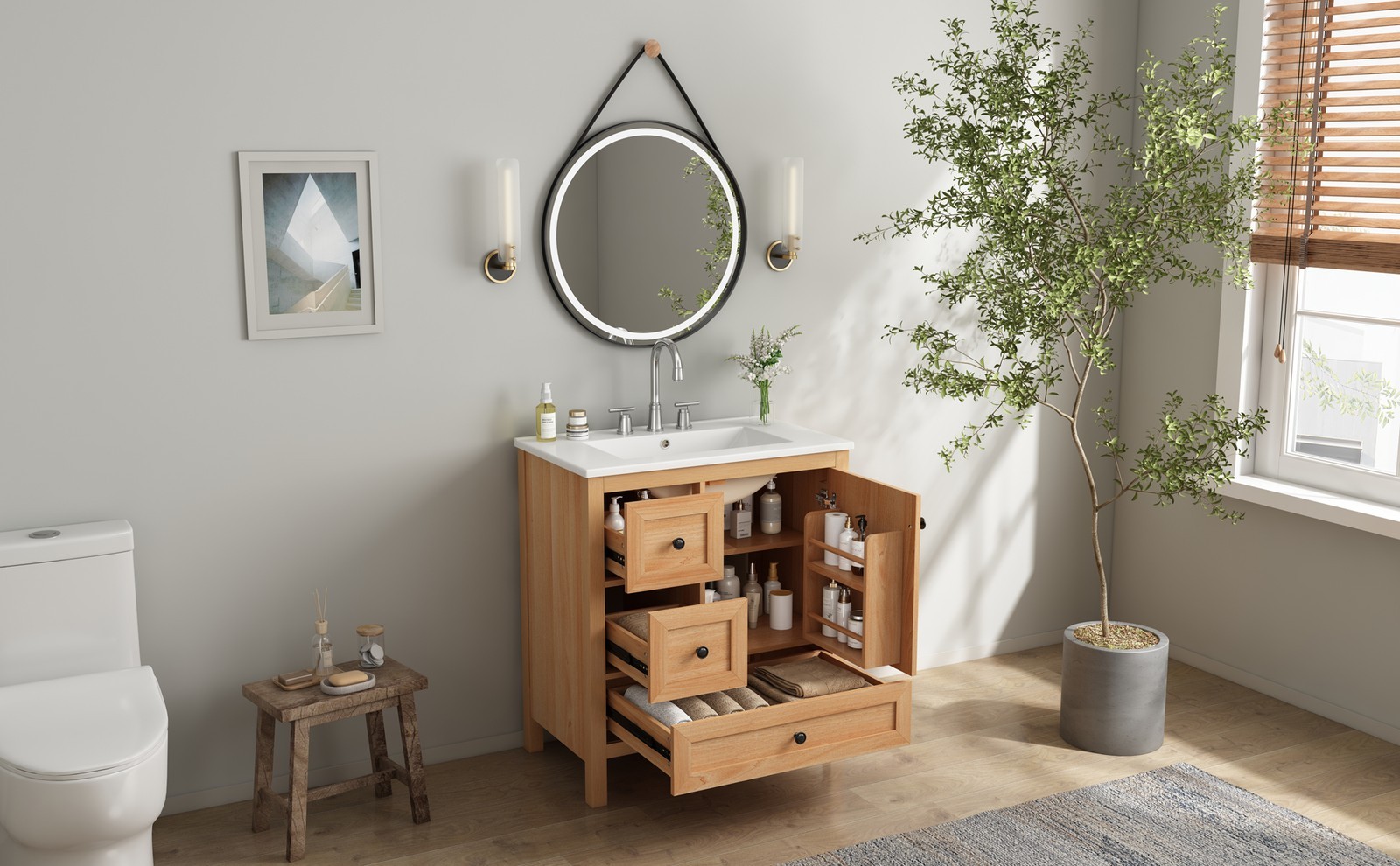 30″ Bathroom Vanity with Ceramic Sink Wood Grain Cabinet with Soft-Close Drawer
