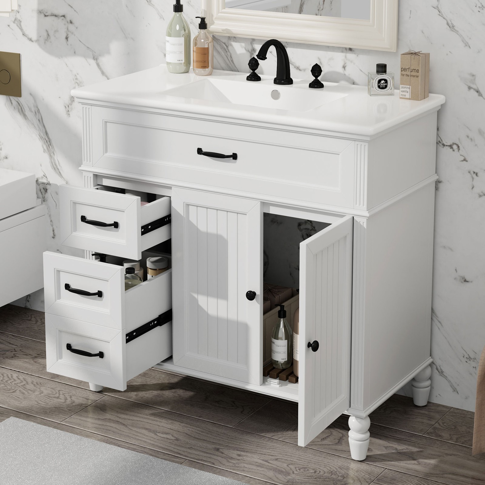 36″ Bathroom Vanity w/Ceramic Sink, Storage Cabinet w/Soft-Close Doors & Drawers
