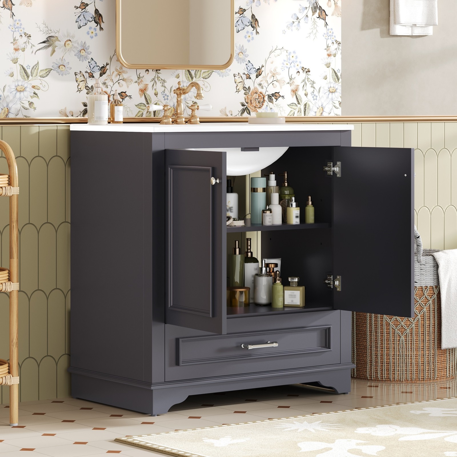 30.5″ Bathroom Vanity with Ceramic Sink, 2 Soft Close Doors, Solid Wood Frame