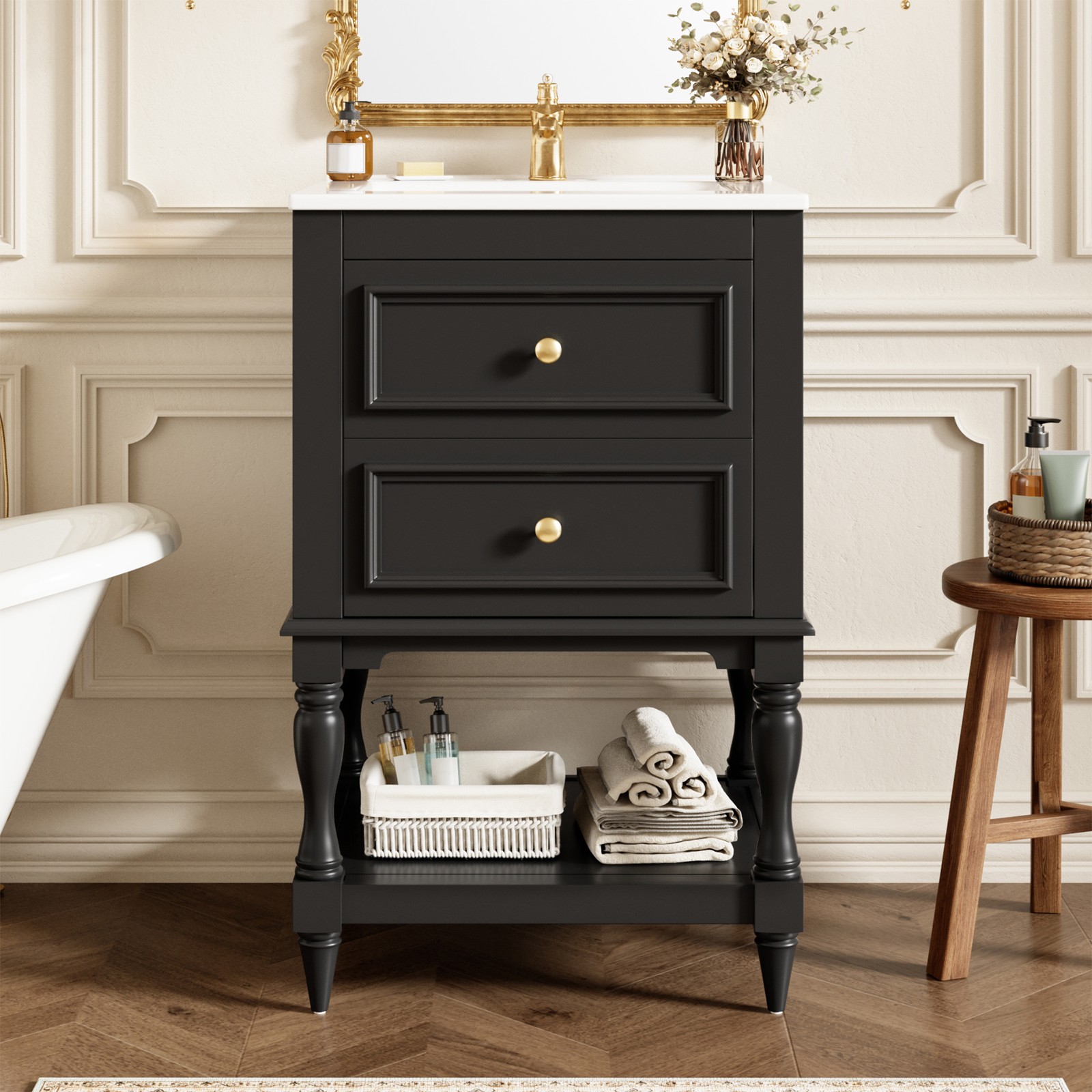 FUNIDEE 20” Bathroom Vanity Set Storage Cabinet with Ceramic Sink Combo Black