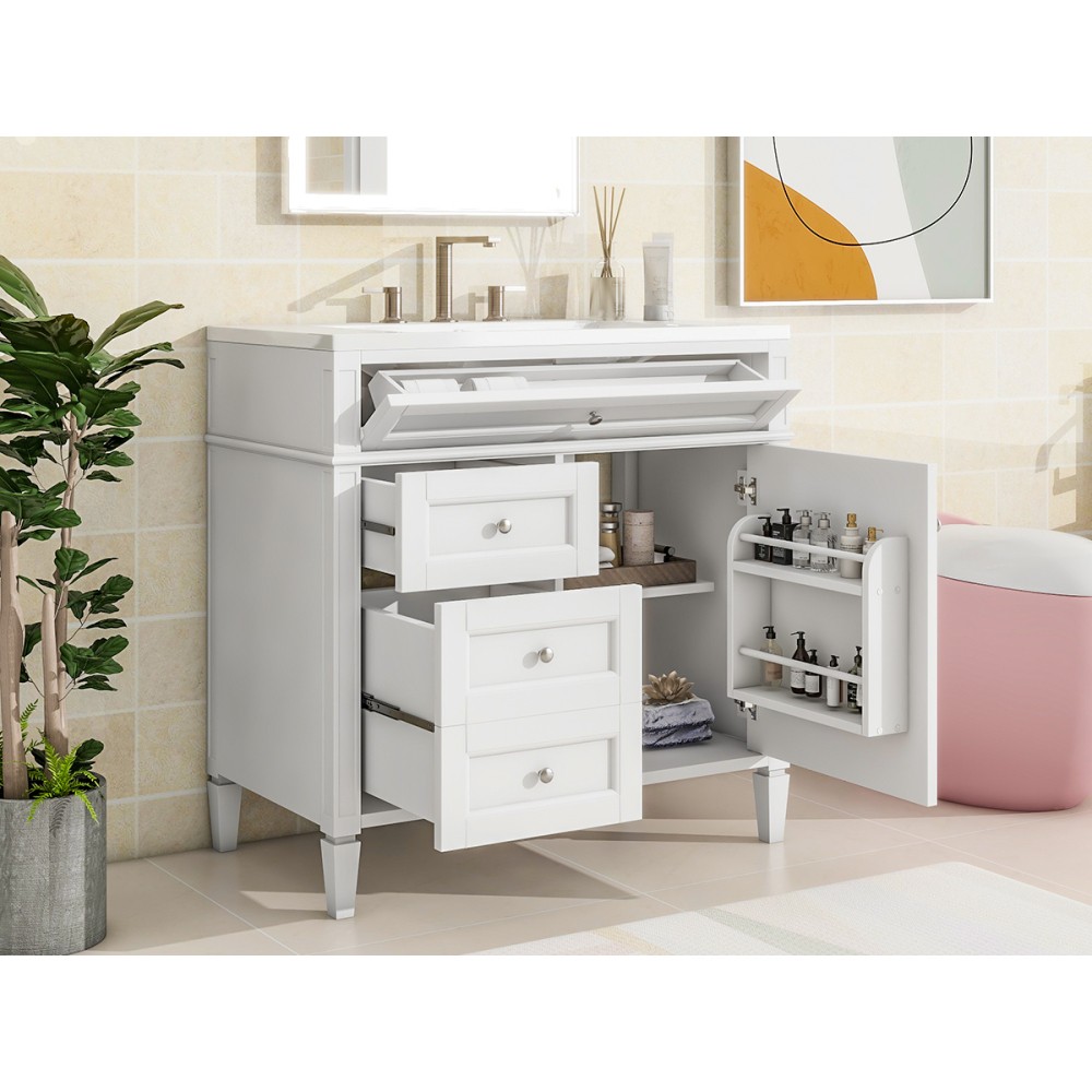 36 Inch Single Sink Bathroom Vanity Gloss Ceramic Top Storage Drawers