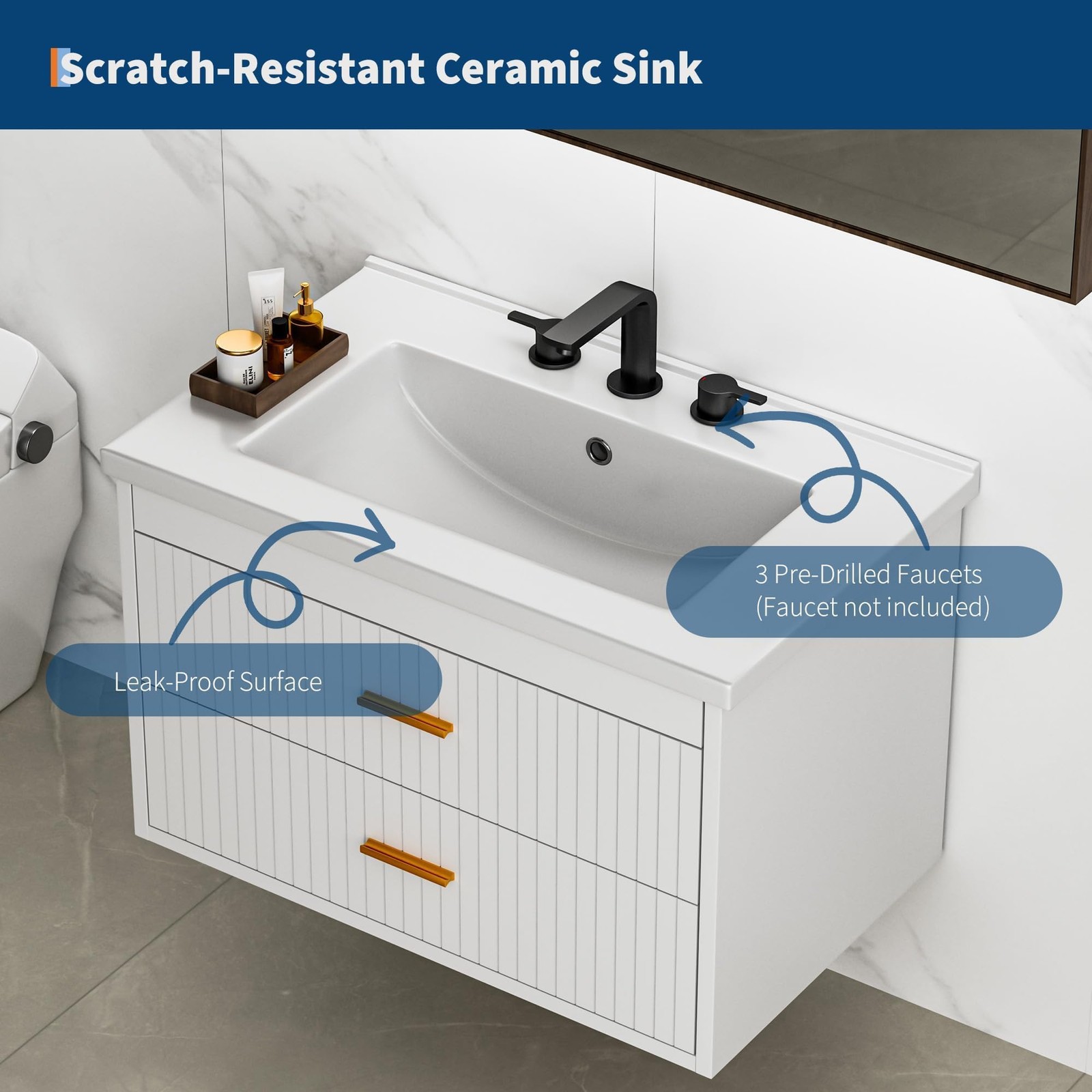 24 inch White Wall Mounted Floating Vanity with Sink Soft Close Bathroom Cabinet