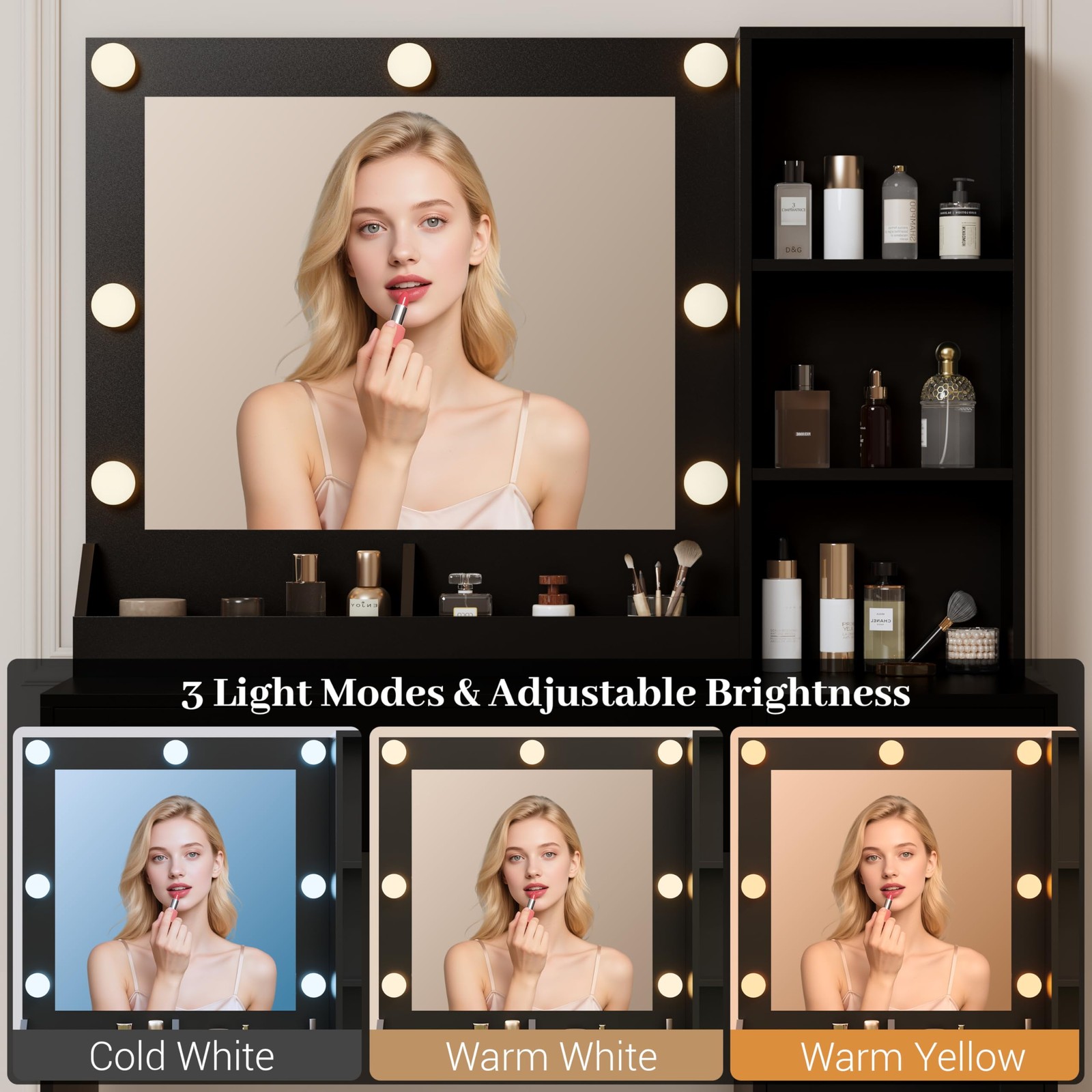 34in Makeup Vanity with Mirror Lights Charging Station 3 Color Lighting Modes