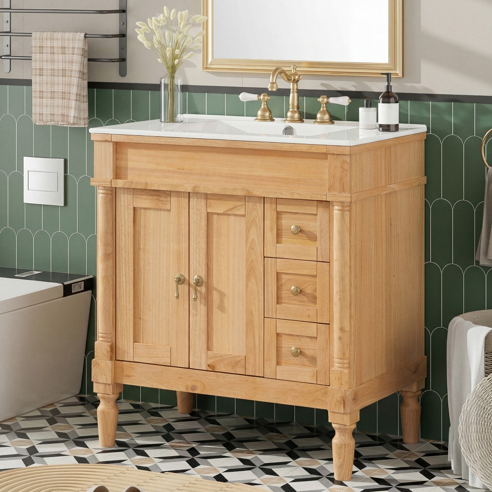 30-Inch Modern Bathroom Vanity, Solid Wood Frame + MDF, 2 Doors 3 Drawers