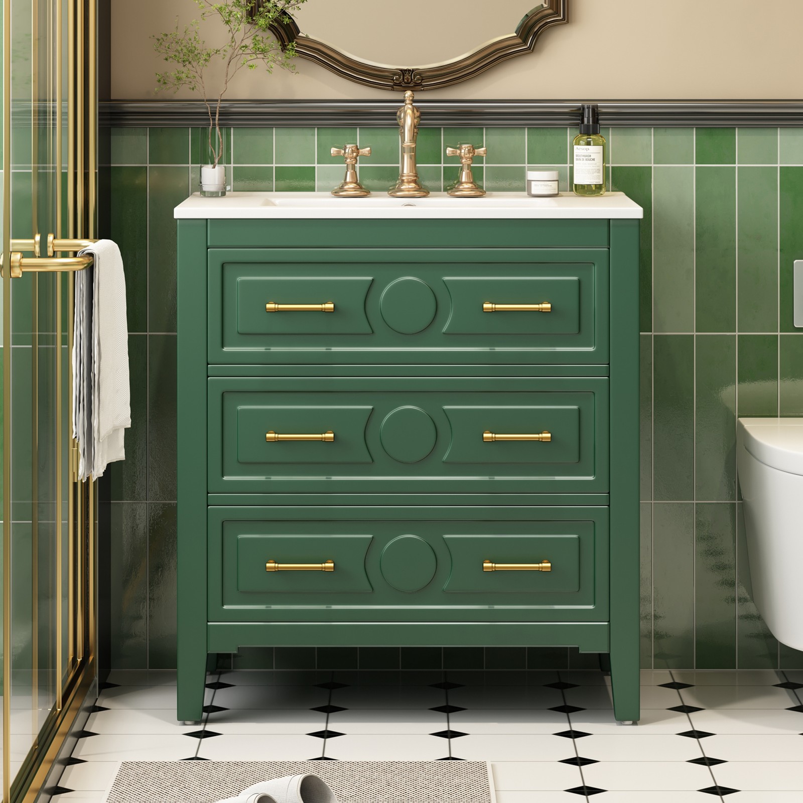 30″ Green Bathroom Vanity with Ceramic Sink, 3 Drawers, Solid Wood