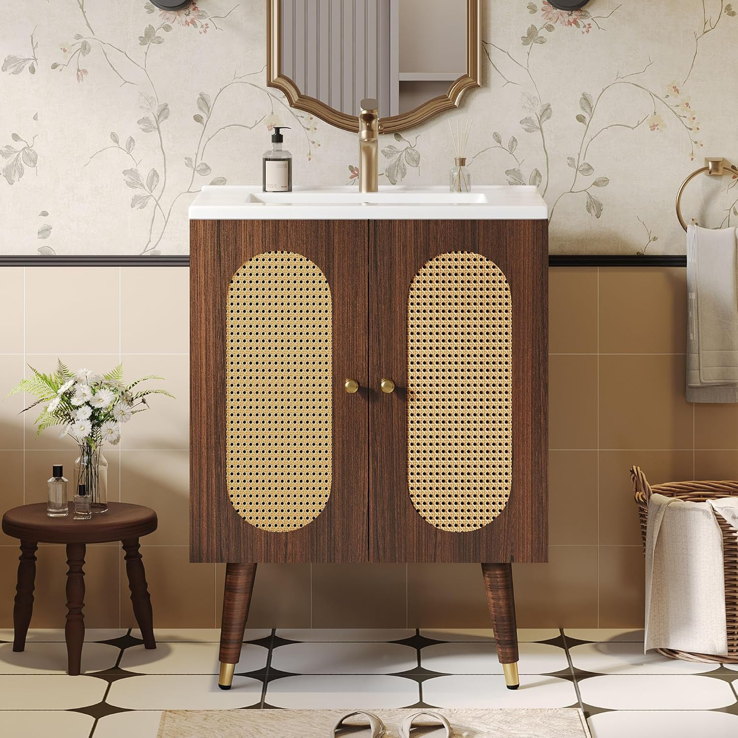 24″ Walnut Rattan Bathroom Vanity with Sink & Soft-Close Doors, Boho Style