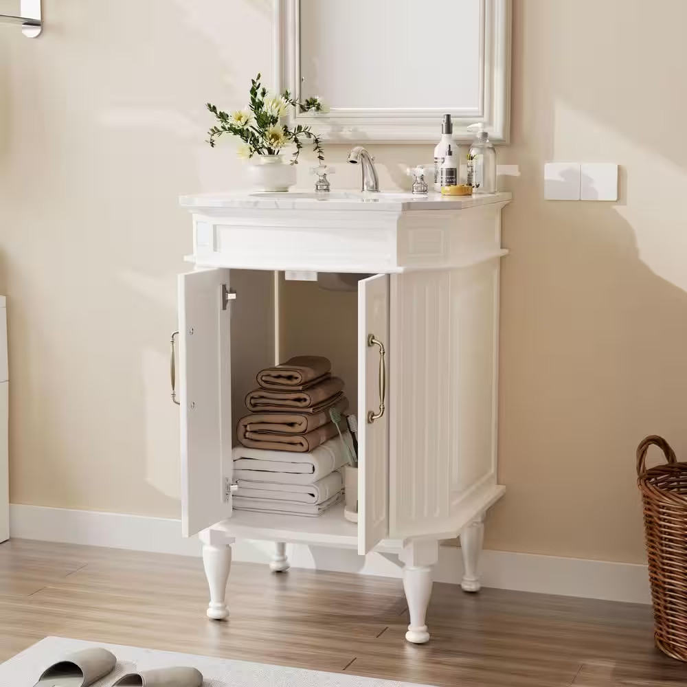 24 In. White Wood Single Sink Freestanding Bathroom Vanity with White Marble Top