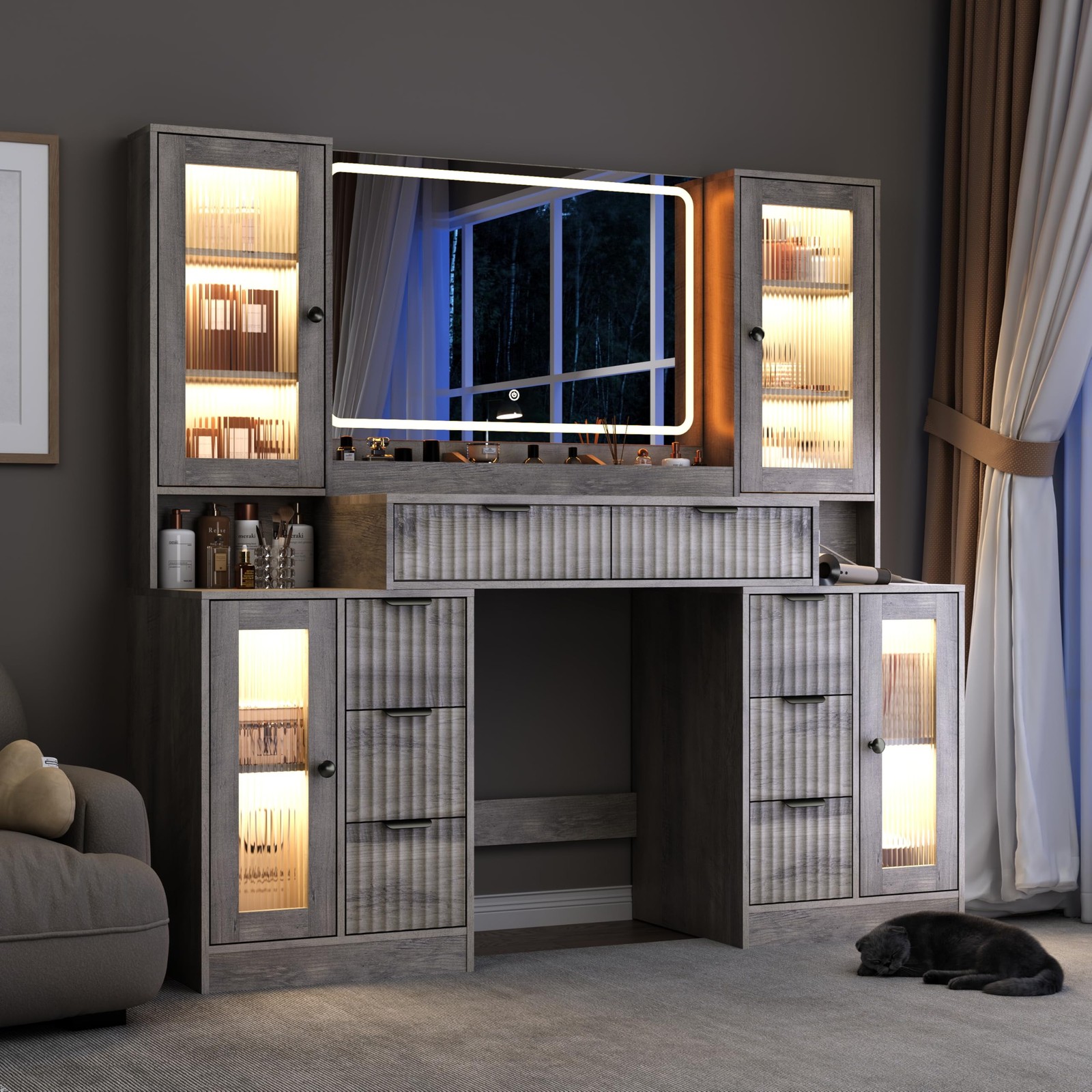 Fluted Vanity Desk with Mirror & Lights