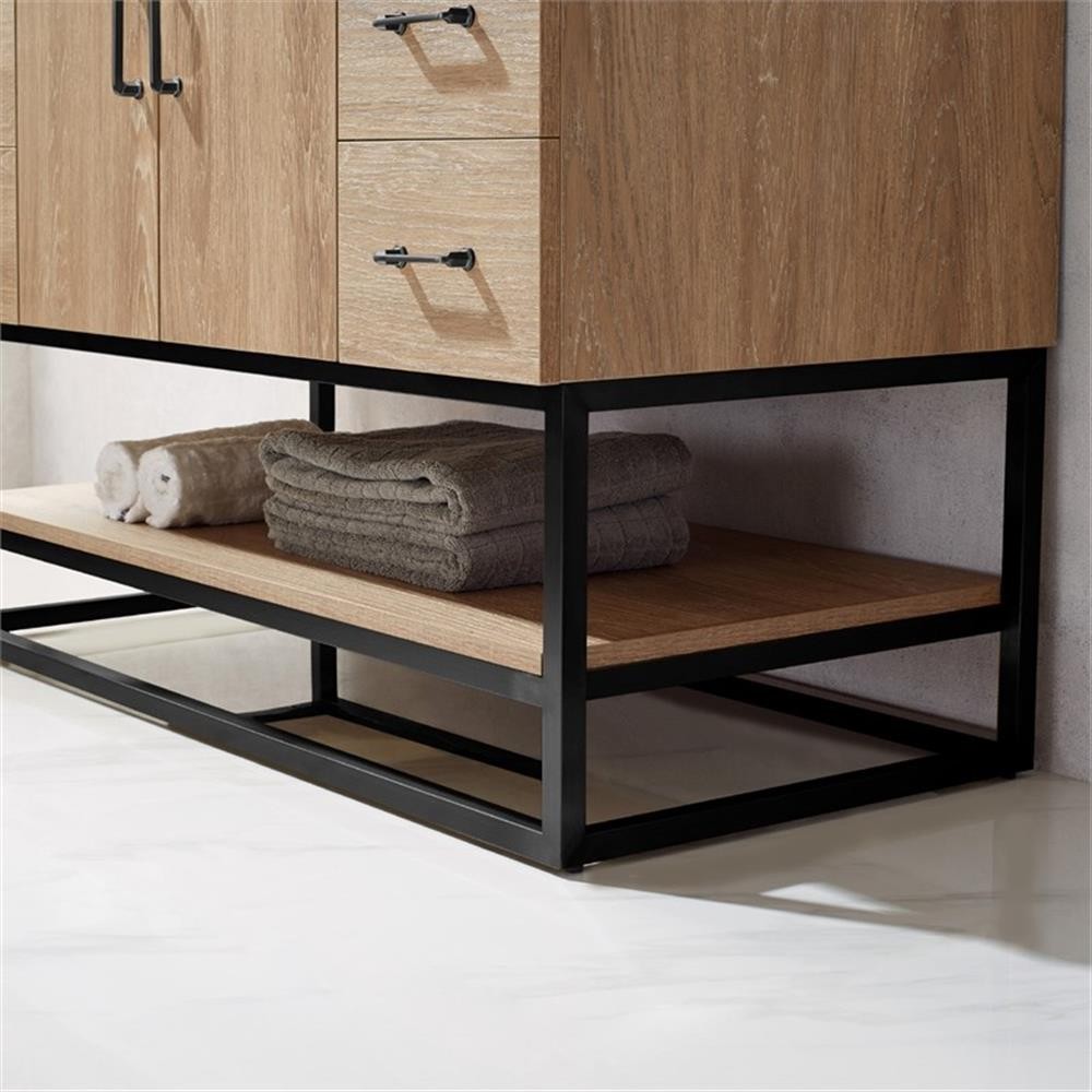 Pemberly Row 48″ White Stone Top Oak Single Vanity Black Frame w/o Mirror