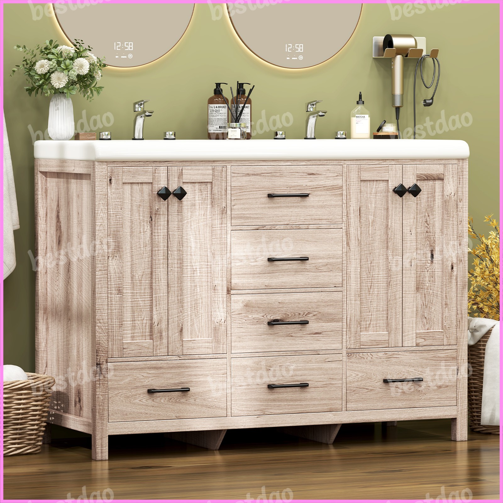 47″ Freestanding Bathroom Cabinet with Double Sink Black Vanity w/ Ceramic Sink