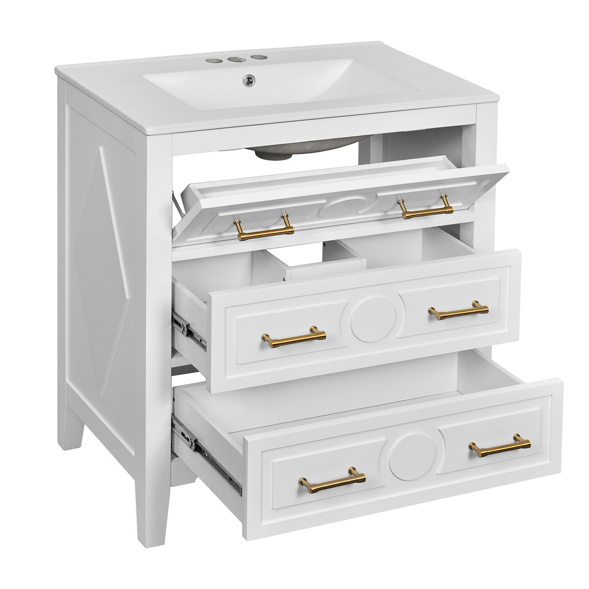 30″ Bathroom Vanity with Basin Sink, 3 Drawers, Freestanding Bath Vanity Cabinet