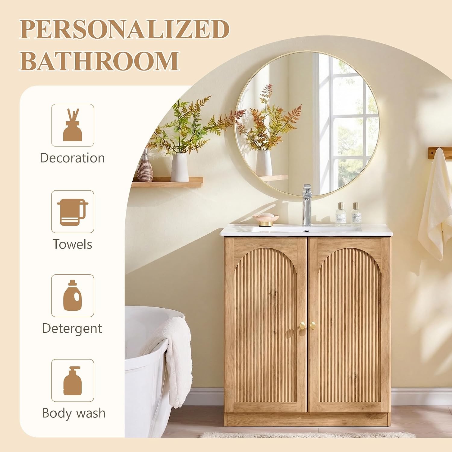 Modern Bathroom Vanity W/ Sink 30 Inch Arched Fluted Bathroom Vanity Cabinet