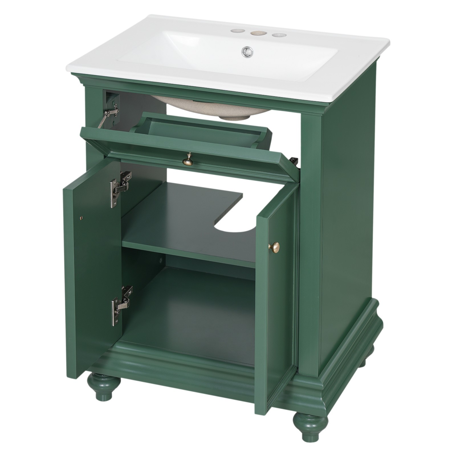 24″ Bathroom Vanity Storage Cabinet With Ceramic Sink Drawer Soft-Closing Doors