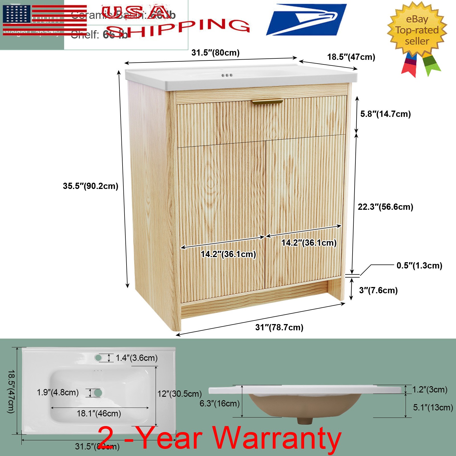 31″ Bathroom Vanity w/Ceramic Sink Modern Freestanding Vanity Cabinet w/ 2 Doors