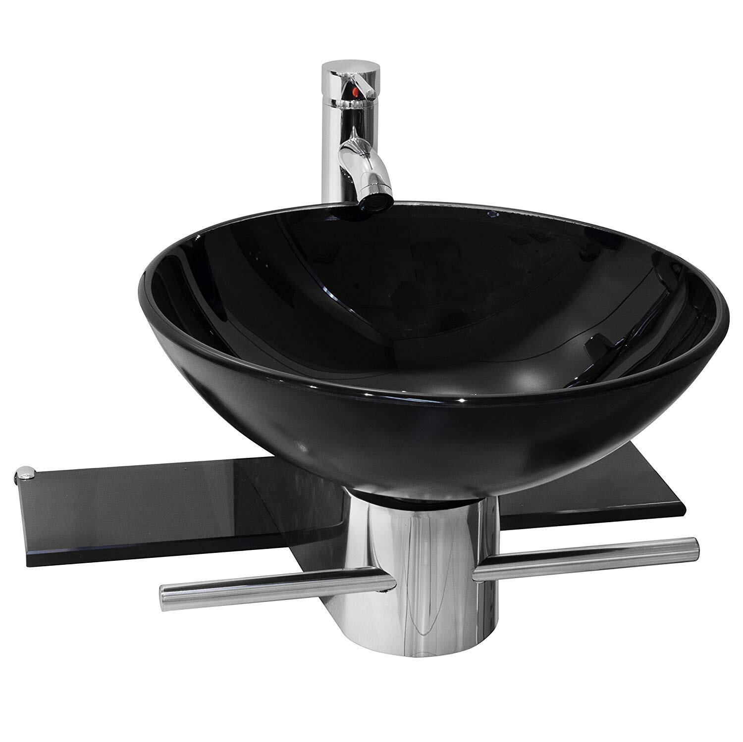 Modern Wall Mount Bathroom Pedestal Vanity Black Glass Bowl Vessel Sink Combo