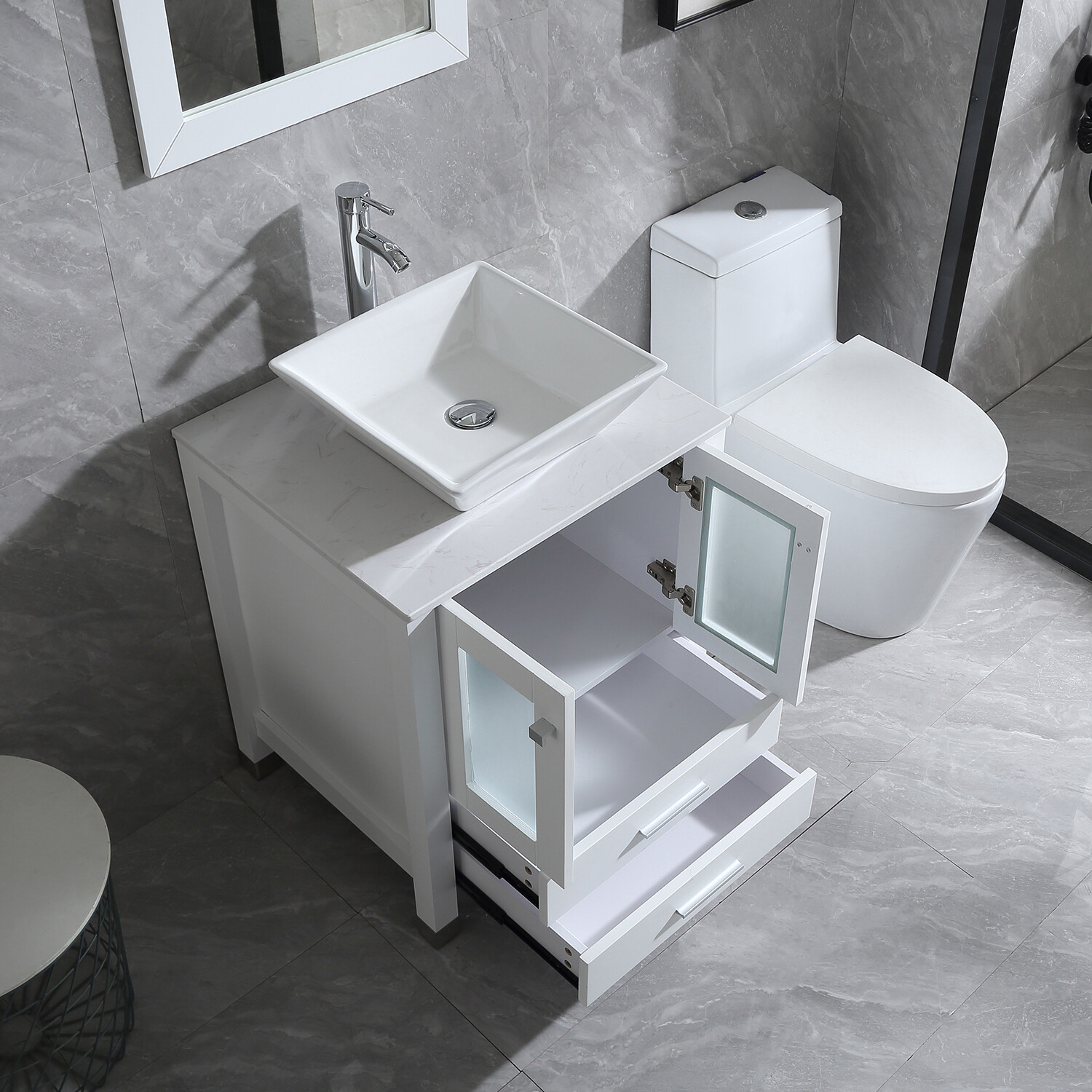 24″ Bathroom Vanity Single Basin Ceramic Sink Set with Faucet Mirror Combo white