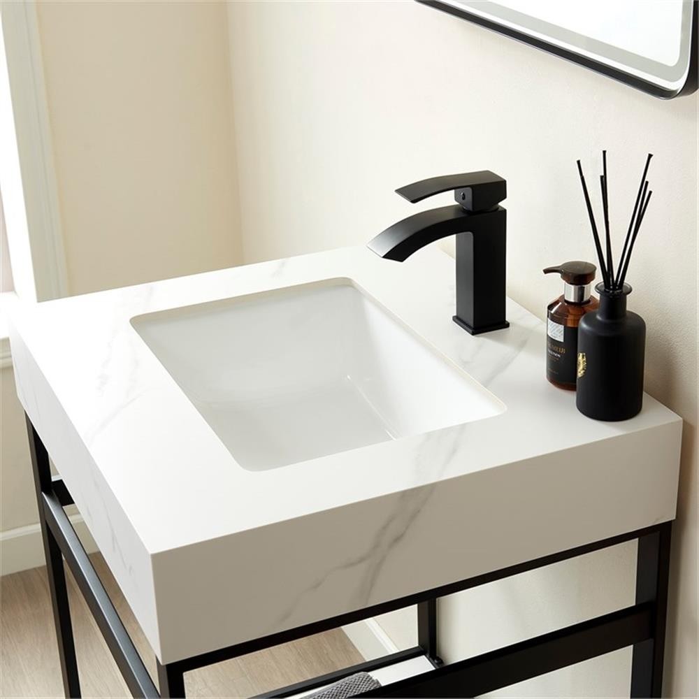 Funes 24″ Single Sink Bathroom Vanity in Matte Black Frame White Top w/ Mirror