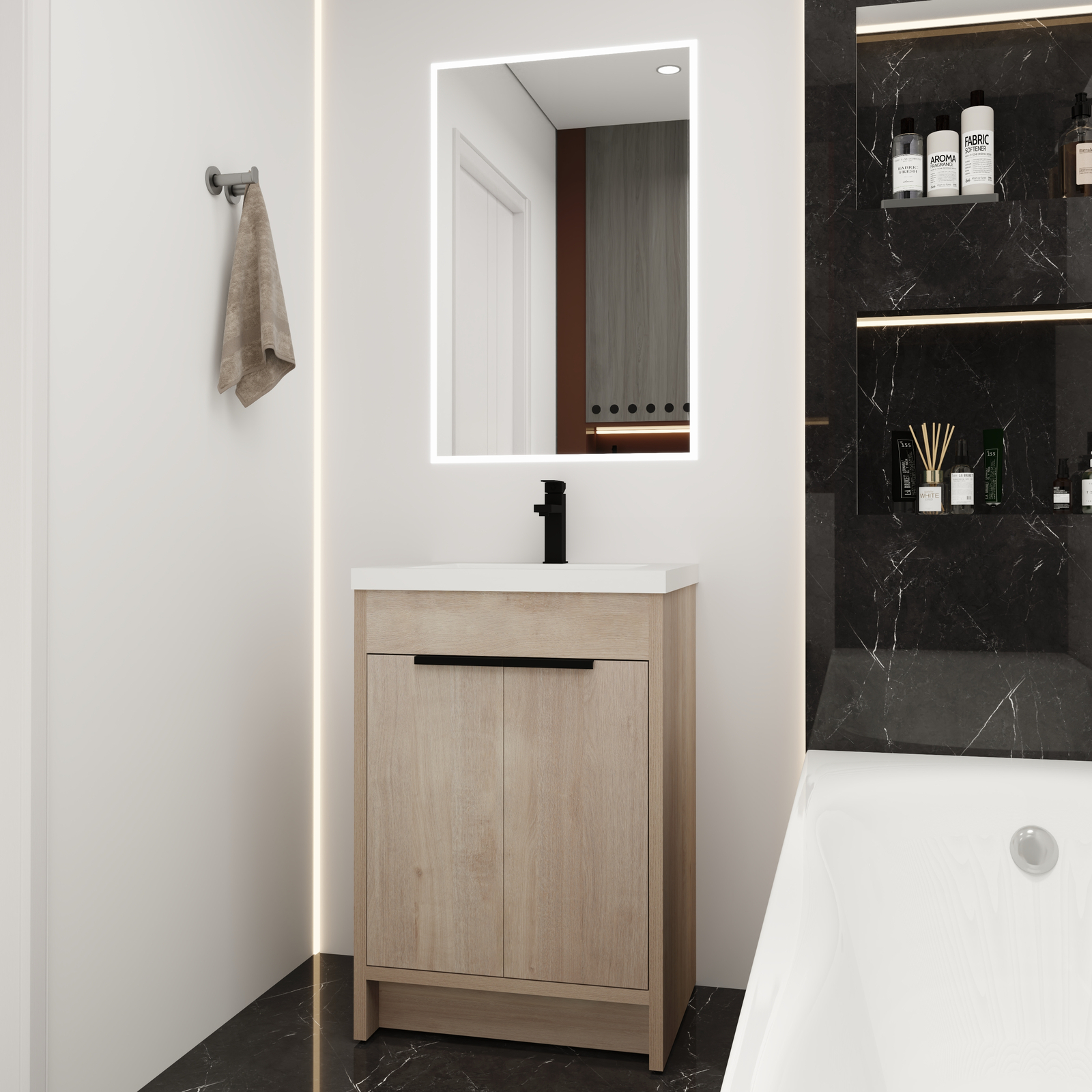 24″Free Standing Bathroom Vanity Cabinet W/Sink for Small Space Wooden Light Oak