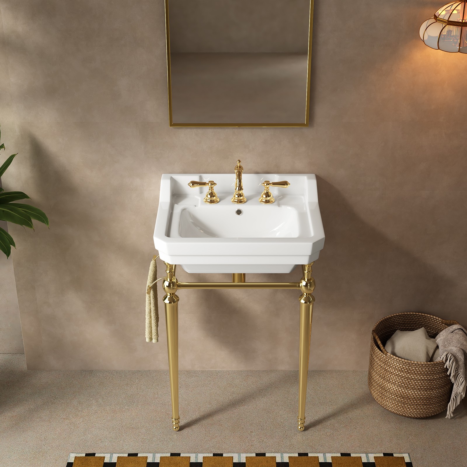 23″ Bathroom Console Sink Wall Mounted White Ceramic Vanity Basin Gold
