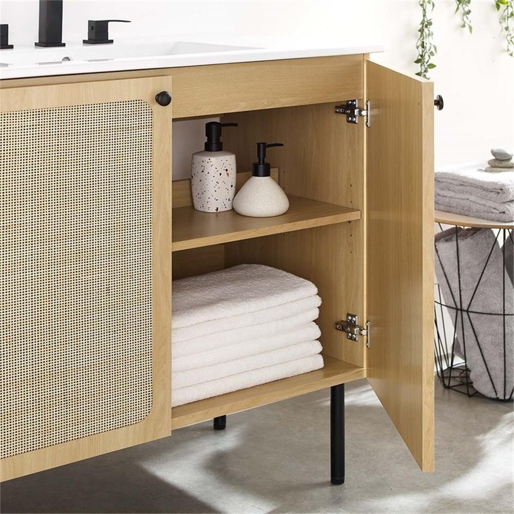 Pemberly Row Contemporary 36″ Wood & Rattan Bathroom Vanity in Oak/White
