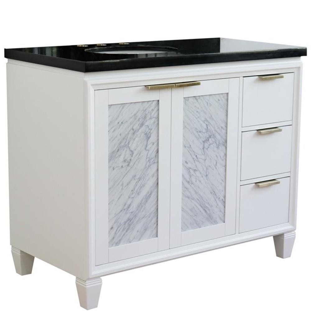 Pemberly Row 43″ Solid Wood Vanity with Left Oval Sink in White/Black Galaxy