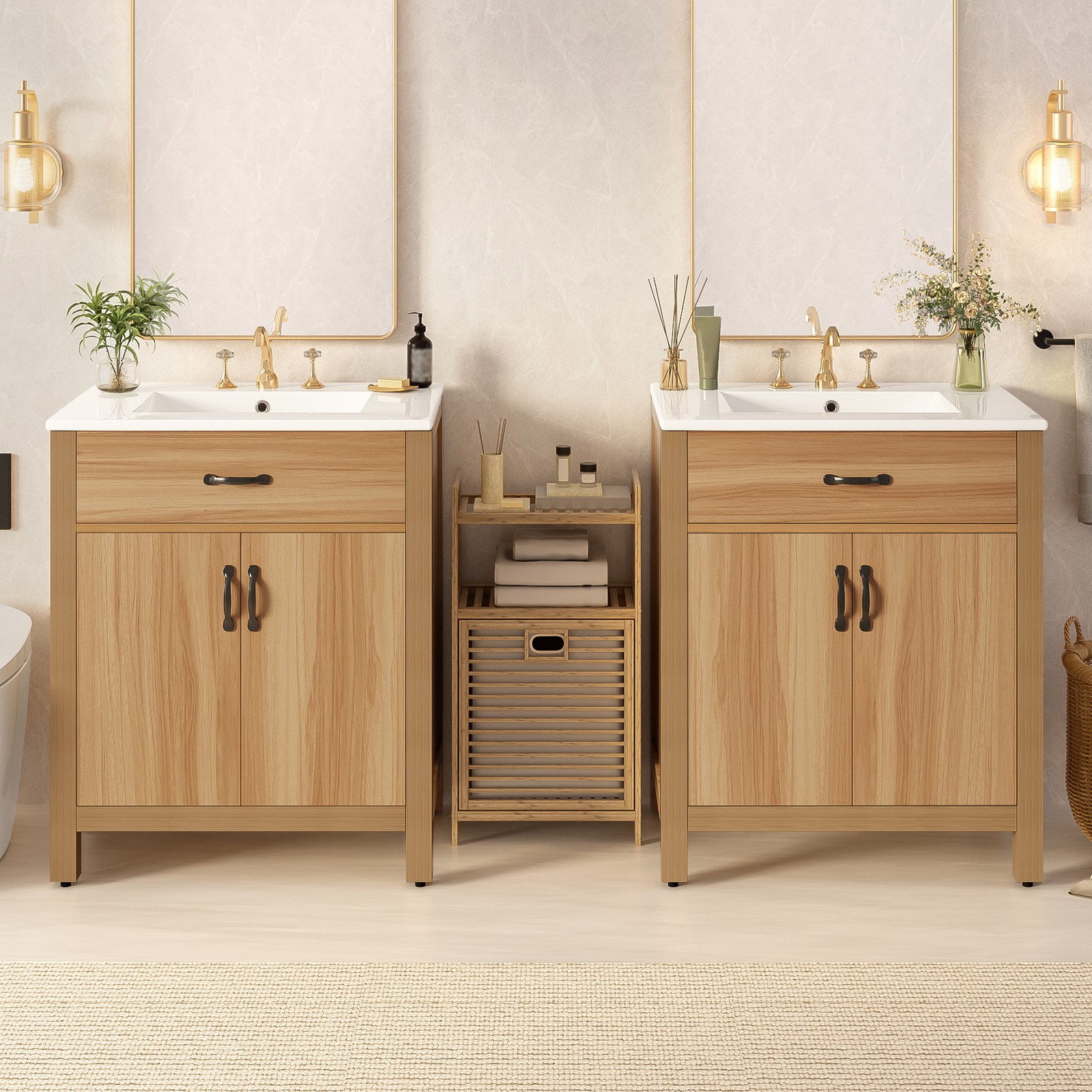60″ Wood Bathroom Vanity with Solid Wood Frame, 4 Soft Close Doors,2 Flip Drawer