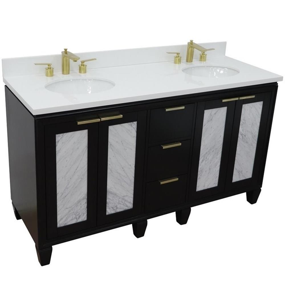 Trento 61″ Double Oval Sink Solid Wood Vanity in Blue/White Quartz Stone