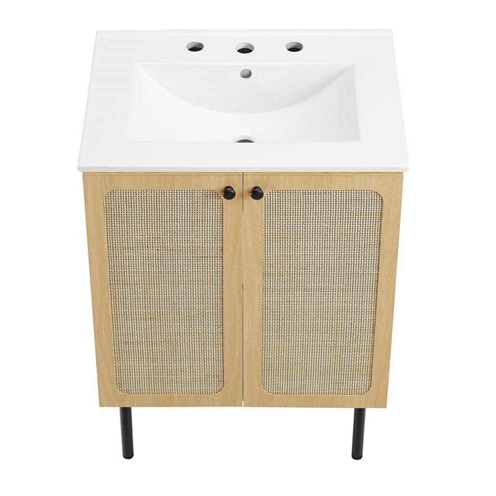 Modway Chaucer 24″ Wood & Rattan Bathroom Vanity in Oak/White