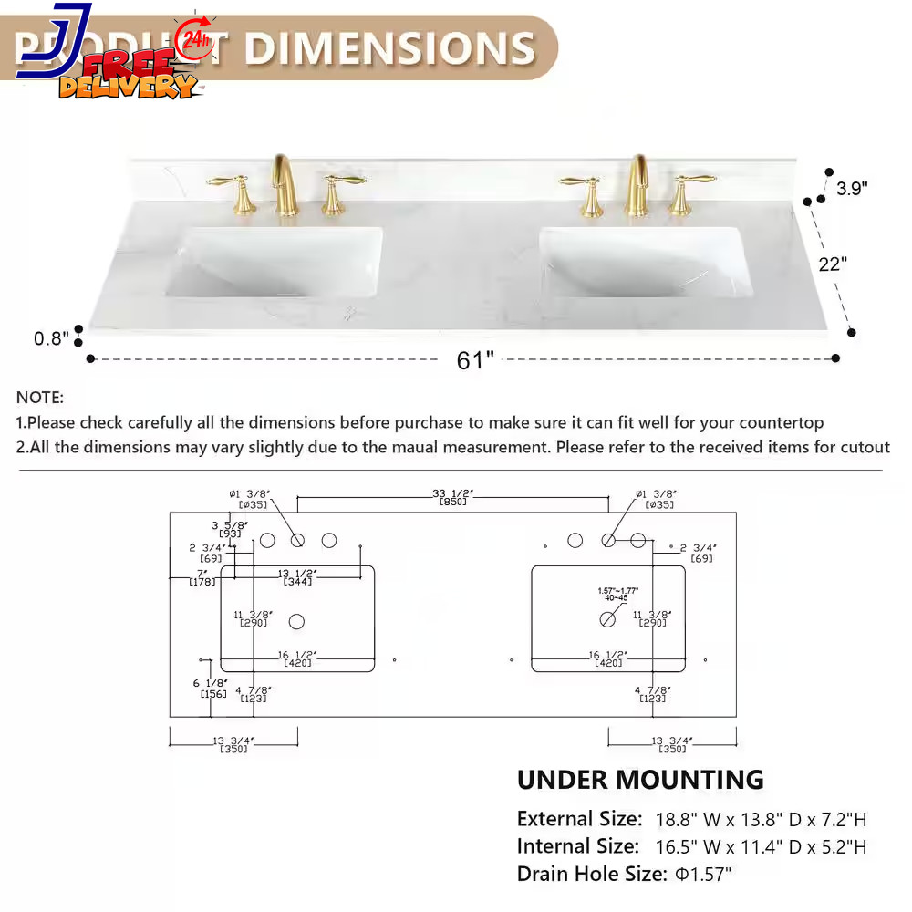 Ceres 61″ Engineered Stone Vanity Top in Grain White with Double White Sinks