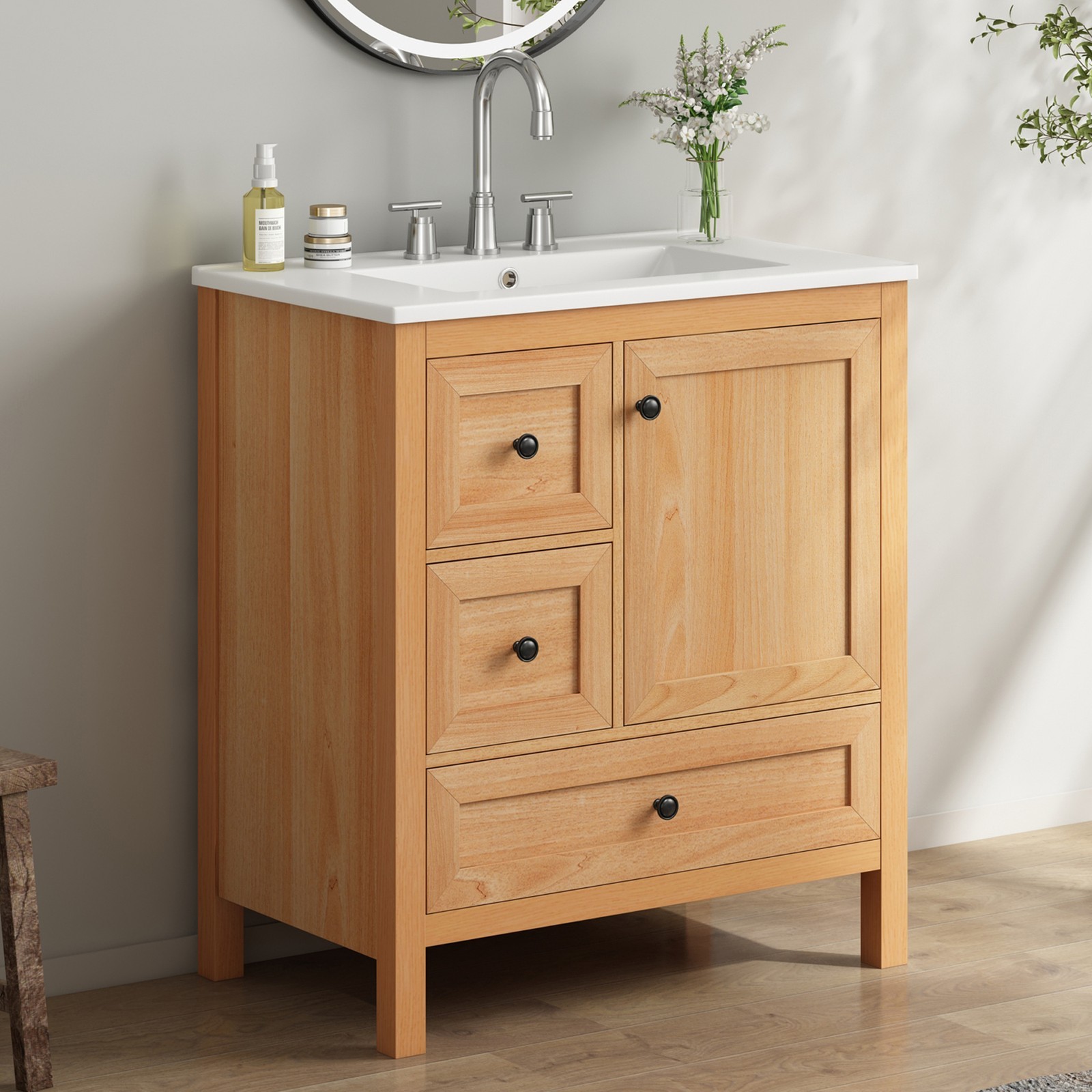 30″ Bathroom Vanity with Ceramic Sink Wood Grain Cabinet with Soft-Close Drawer