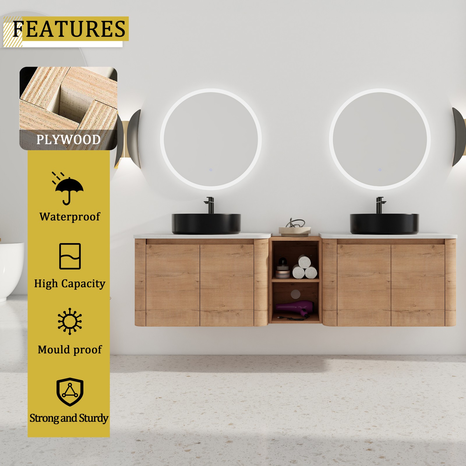 72” Wall-Mounted Bathroom Vanity Double Ceramic Black Vessel Sink 4 Doors Wood