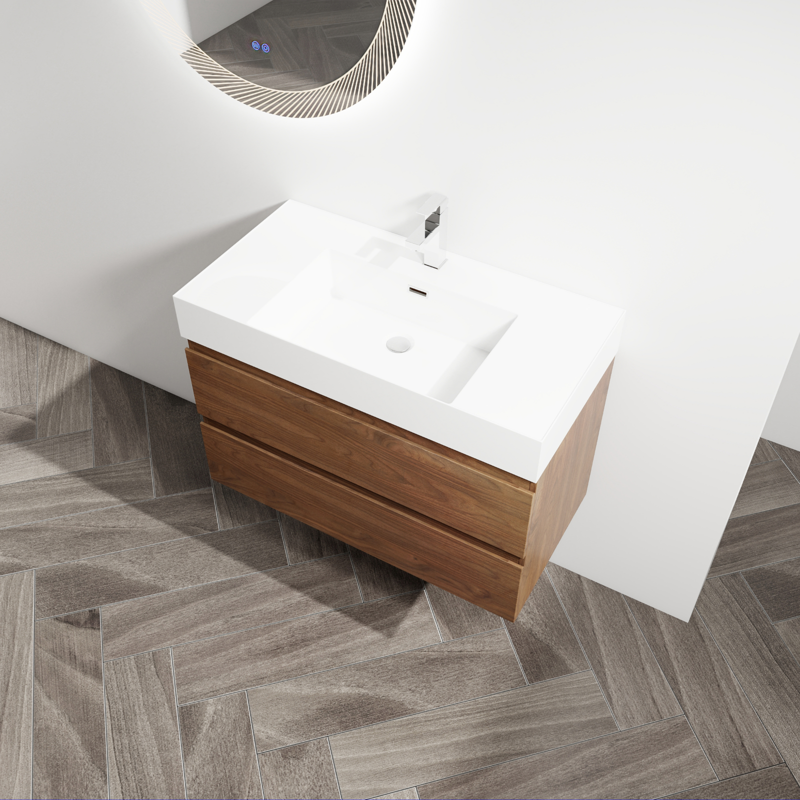 36 inch Bathroom Vanity Wall Mounted W/ Undermount Resin Sink + 2 Drawers Brown