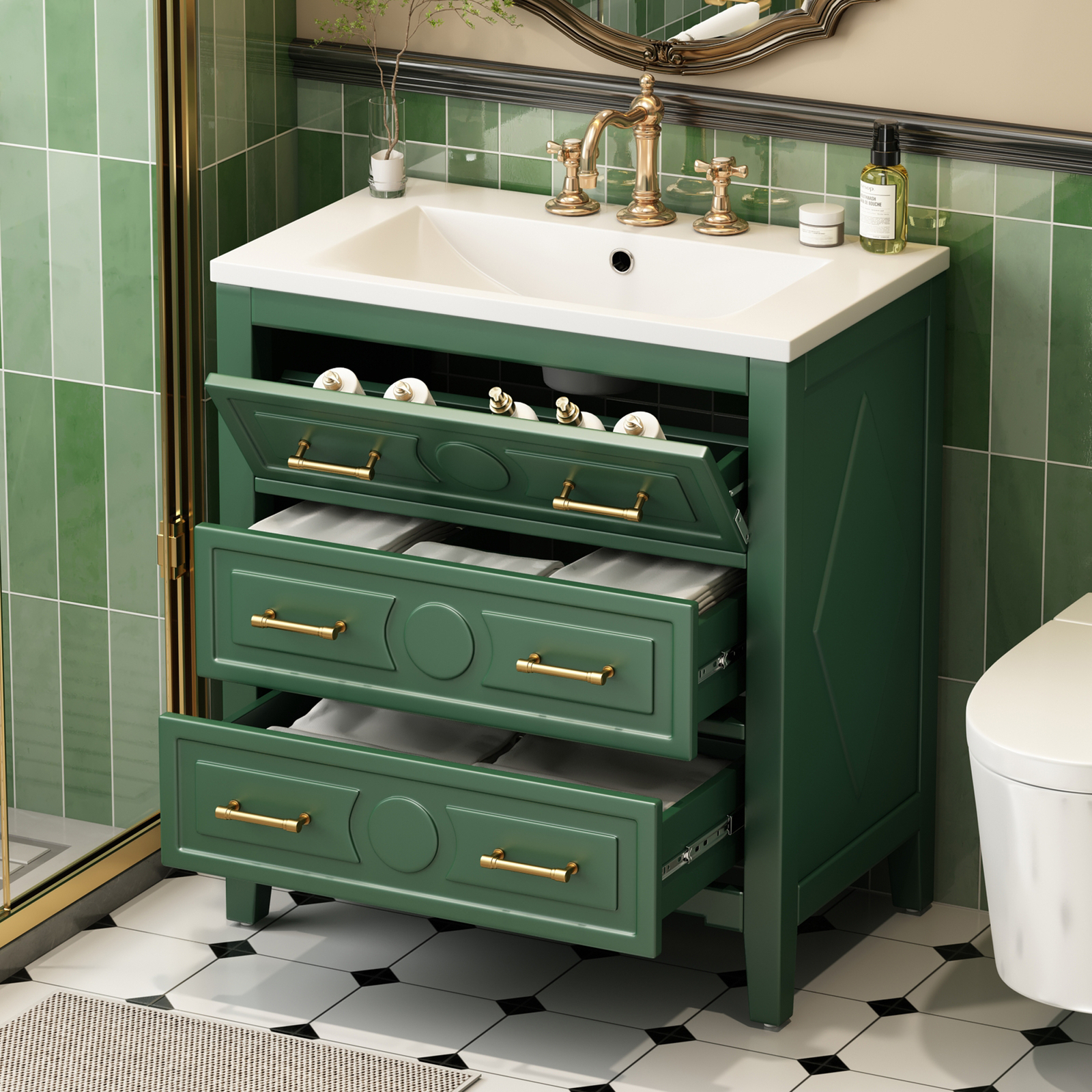 30″ Bathroom Vanity with Basin Sink, 3 Drawers, Freestanding Bath Vanity Cabinet