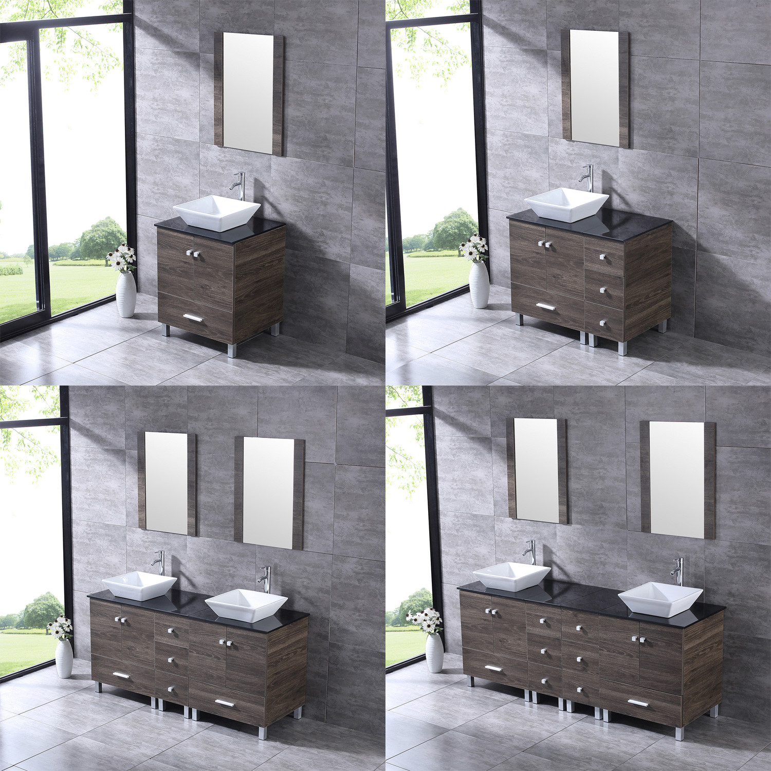 24″/36″/60″72″ Bathroom Vanity Wood Cabinet Ceramic Porcelain Sink Mirror Combo