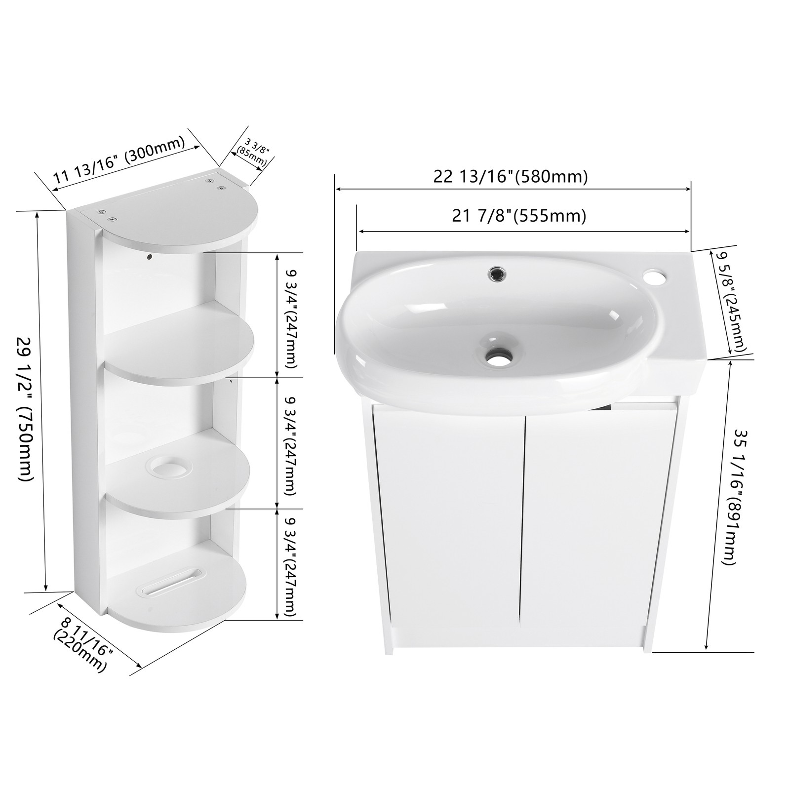 23″ Plywood Freestanding Bathroom Vanity Ceramic Sink Basin +Storage Rack White