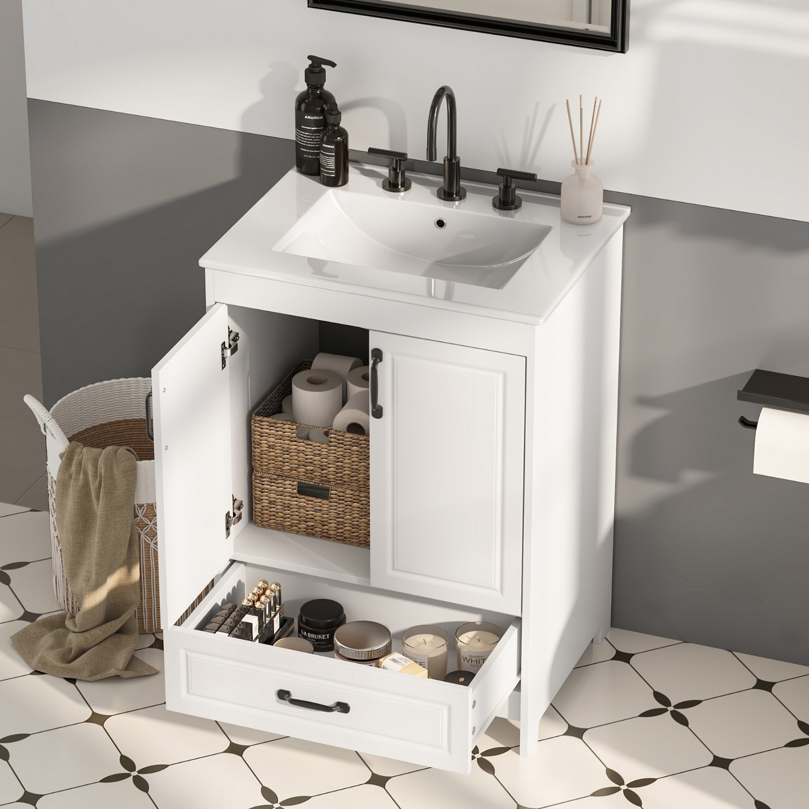 24″ Bathroom Vanity with Ceramic Sink Freestanding Storage Cabinet w/Drawer