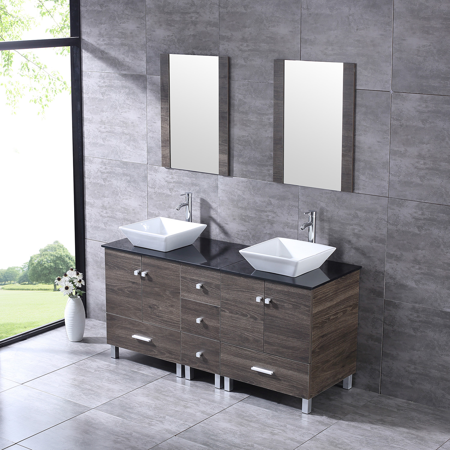 24″/36″/60″72″ Bathroom Vanity Wood Cabinet Ceramic Porcelain Sink Mirror Combo