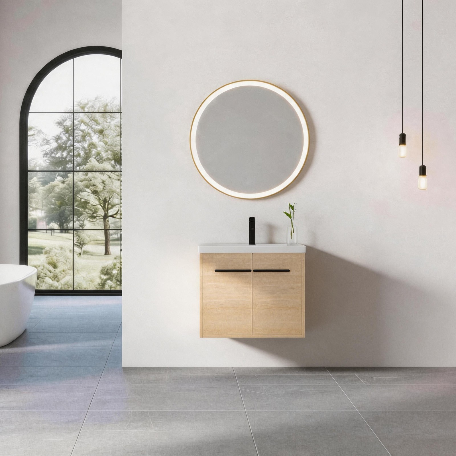 24″ Floating Wall Mounted Bathroom Vanity Cabinet with Resin Basin Natural Oak