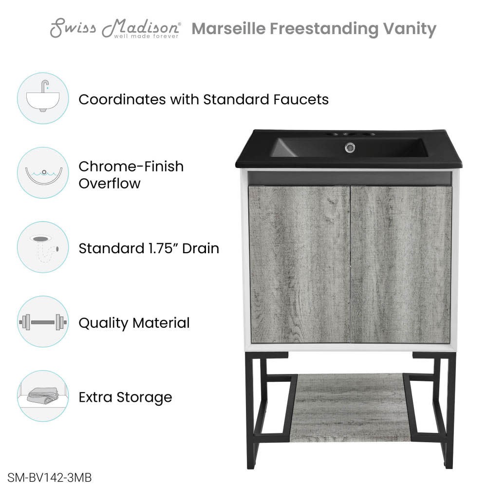 Swiss Madison SM-BV142-3MB Marseille 24″ – Gray Oak / Matte Black