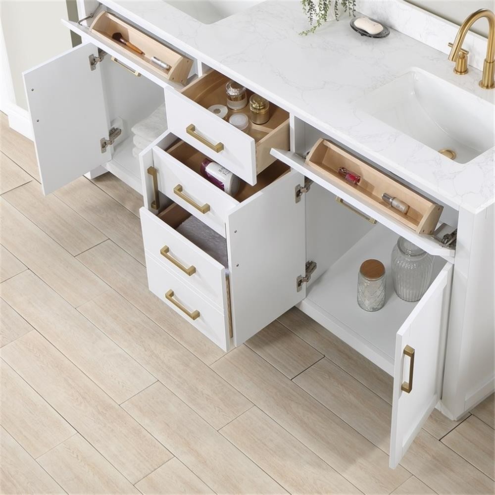 Gavino 72″ Wood Vanity in White with Grain White Composite Stone Top and Mirror