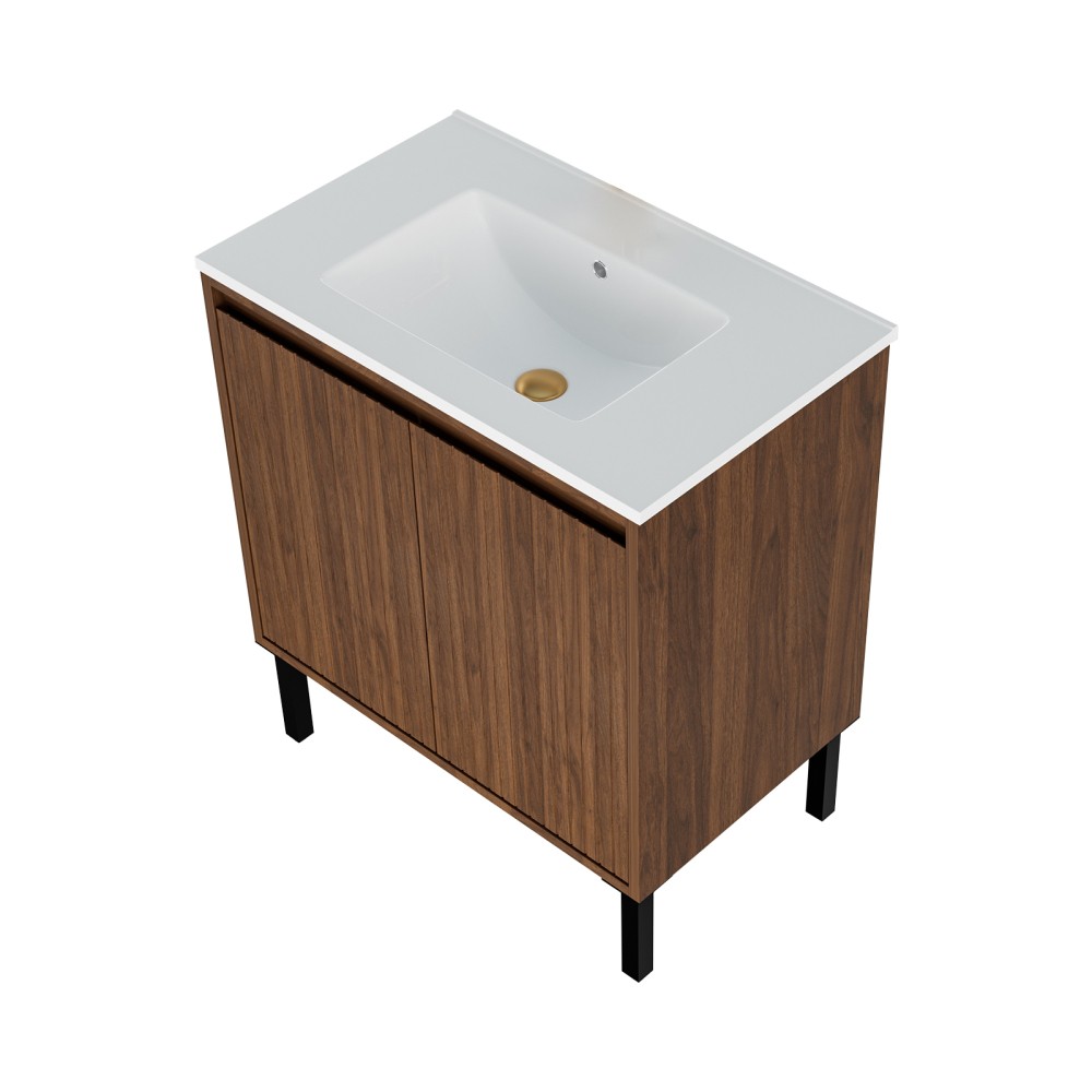 Modern Bathroom Vanity: White Sink, Soft Close Drawers, Walnut Wood Finish